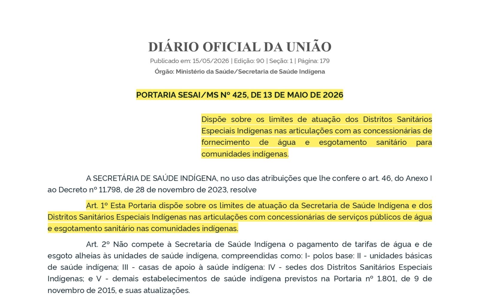 PORTARIA SESAI MS No 425 DE 13 DE MAIO DE 2026 PORTARIA SESAI MS No 425 DE 13 DE MAIO DE 2026 DOU Imprensa Nacional page 0001 1