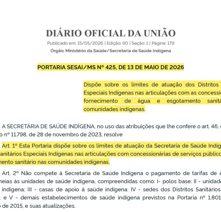 PORTARIA SESAI MS No 425 DE 13 DE MAIO DE 2026 PORTARIA SESAI MS No 425 DE 13 DE MAIO DE 2026 DOU Imprensa Nacional page 0001 1