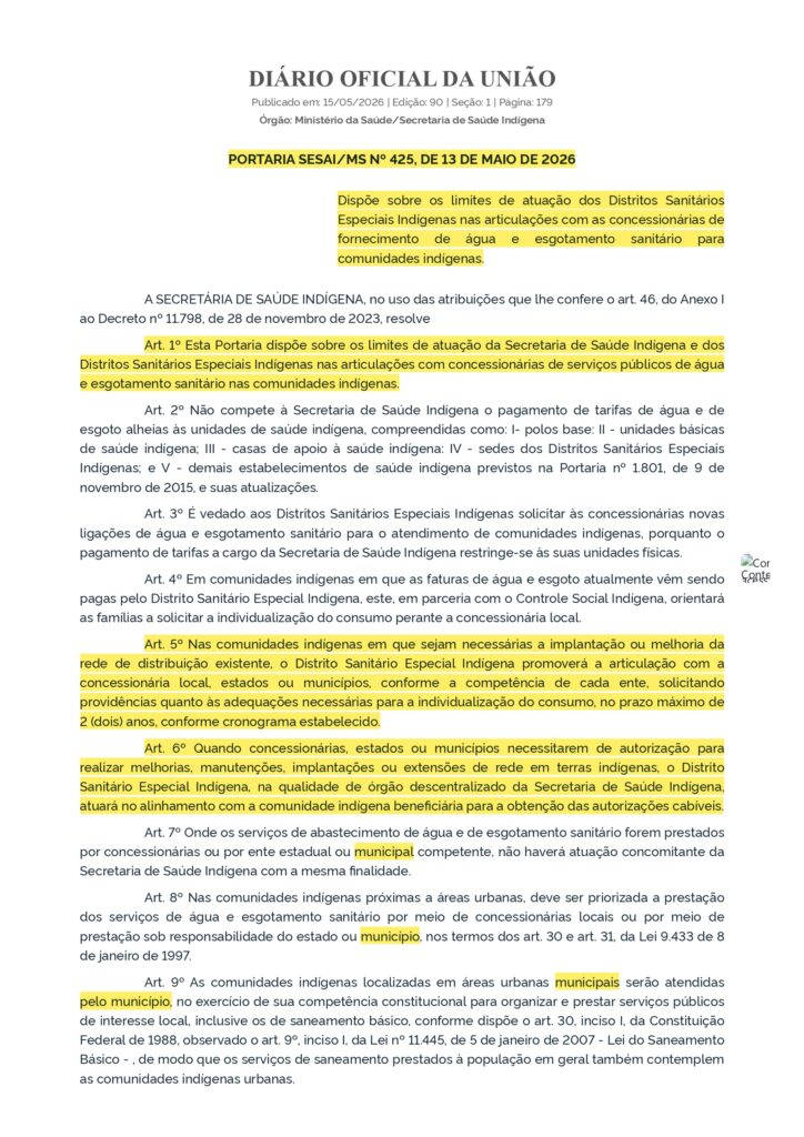 PORTARIA SESAI MS No 425 DE 13 DE MAIO DE 2026 PORTARIA SESAI MS No 425 DE 13 DE MAIO DE 2026 DOU Imprensa Nacional page 0001